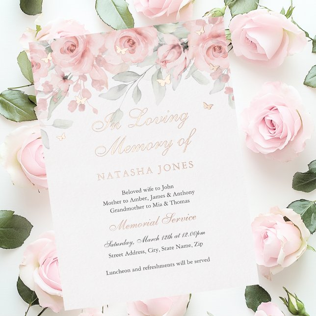 Invitation En Aluminium Photo Floral Butterfly Pink Memorial Service (Créateur téléchargé)