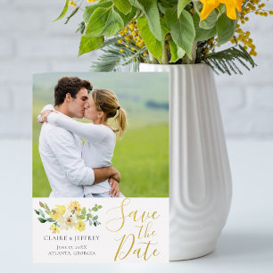 Invitation En Aluminium Photo Florale Jaune Chic Été Économisez La Date Or