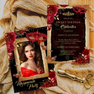 Invitation En Aluminium Photo Masquerade Sweet sixteen de la fête Rouge Ro