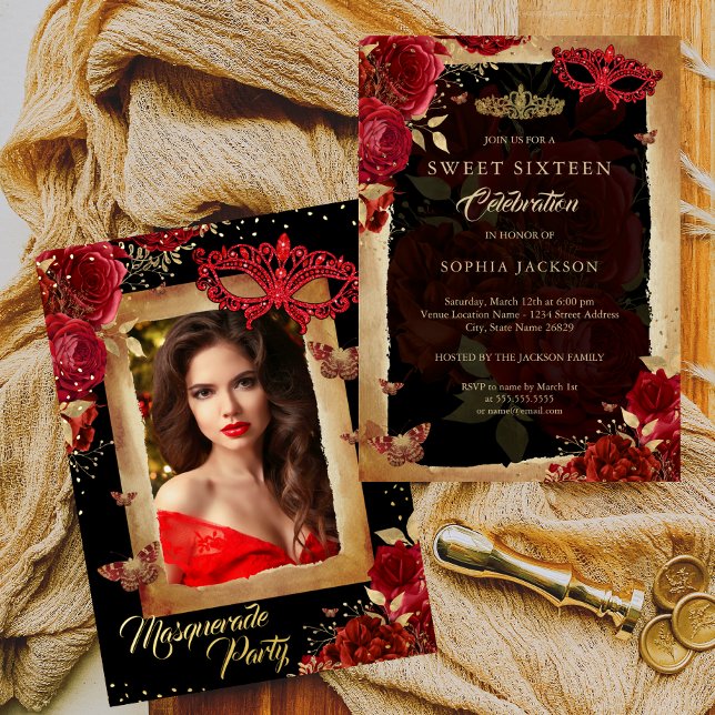 Invitation En Aluminium Photo Masquerade Sweet sixteen de la fête Rouge Ro (Créateur téléchargé)