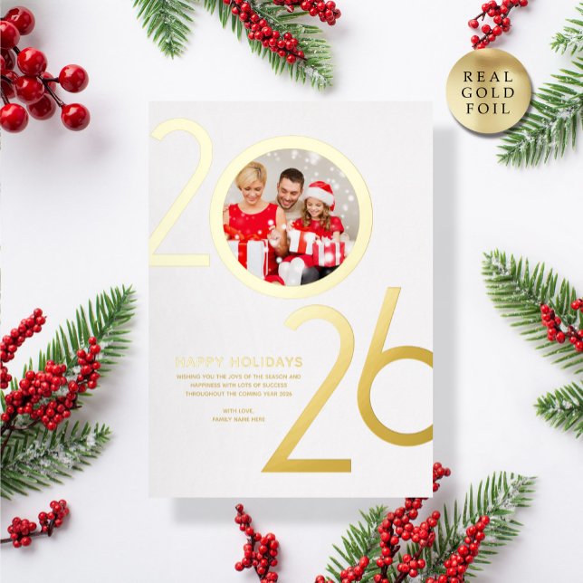 Invitation En Aluminium Photo Modern Bold White 2026 Holiday Gold Card (Créateur téléchargé)