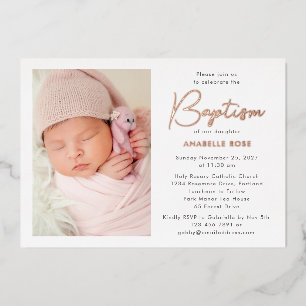 Invitation En Aluminium Photo moderne Baptême Rose Or