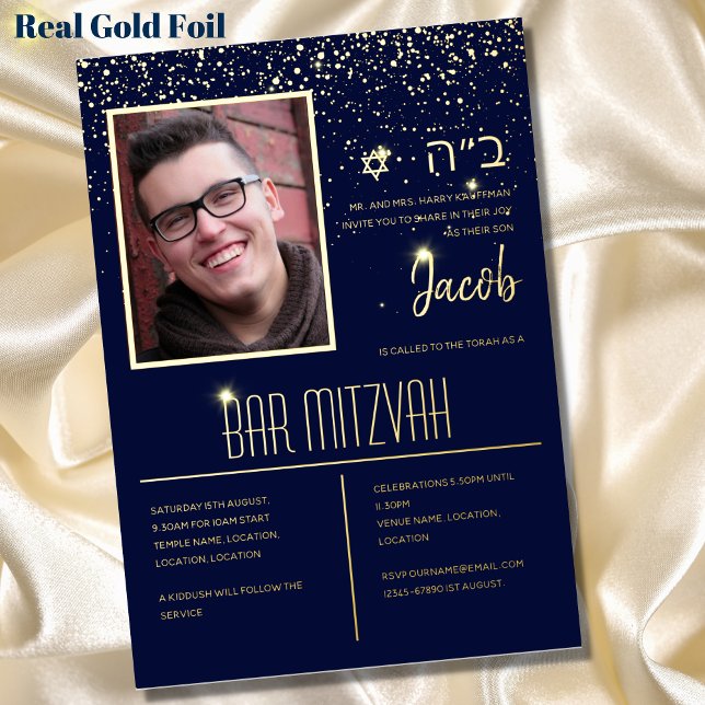 Invitation En Aluminium PHOTO moderne Bar Mitzvah avec HÉBREW Blue Gold (Créateur téléchargé)
