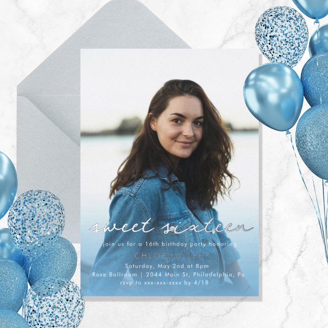 Invitation En Aluminium Photo moderne bleu aquarelle Sweet 16 (Créateur téléchargé)
