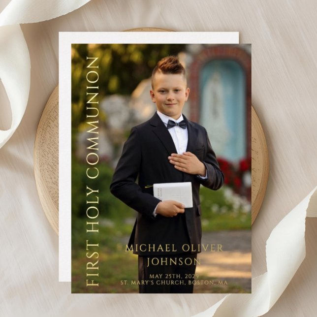 Invitation En Aluminium Photo moderne Boy First Holy Communion Gold (Modern Photo Boy First Holy Communion Gold Foil Invitation)