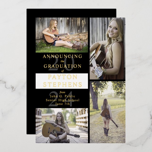 Invitation En Aluminium Photo moderne classique noir | Diplôme blanc (Recto/Verso)