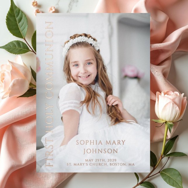 Invitation En Aluminium Photo moderne fille Première Sainte Communion Rose (Elegant Girl First Communion Photo Rose Gold Foil Invitation)