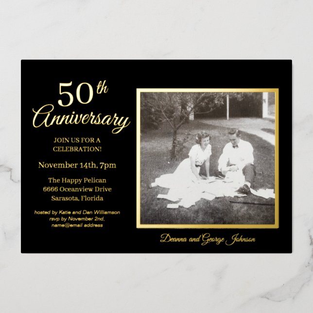 Invitation En Aluminium Photo Noir Élégant 50e Anniversaire Or (Recto)