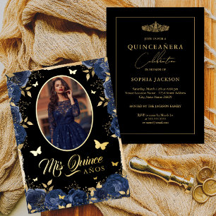 Invitation En Aluminium Photo Quinceanera Bleu Nuit Or Rose Papillon