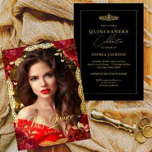 Invitation En Aluminium Photo Quinceanera Rose Rouge Doré Dentelle Anniver