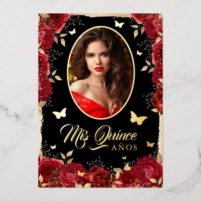 Invitation En Aluminium Photo Quinceanera Rose rouge or papillon (Recto)