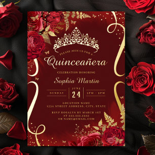 Invitation En Aluminium Photo Red Gold Floral Scroll Quinceanera