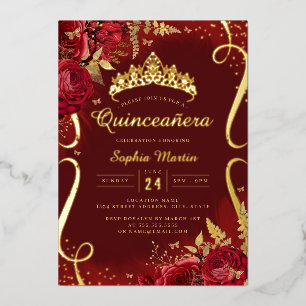 Invitation En Aluminium Photo Red Gold Floral Scroll Quinceanera