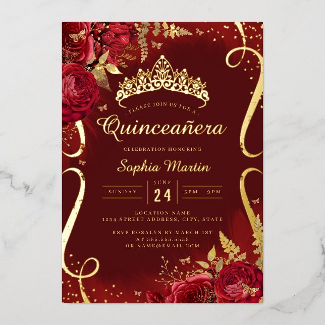 Invitation En Aluminium Photo Red Gold Floral Scroll Quinceanera (Recto)