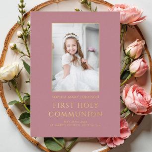 Invitation En Aluminium Photo rose Fille Première Sainte Communion Or