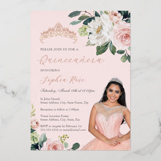 Invitation En Aluminium Photo Rose or Floral Quinceanera (Recto)