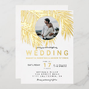 Invitation En Aluminium Photo tropicale moderne palmier or blanc mariage