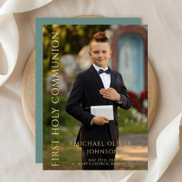 Invitation En Aluminium Photo verte moderne Boy First Communion Gold