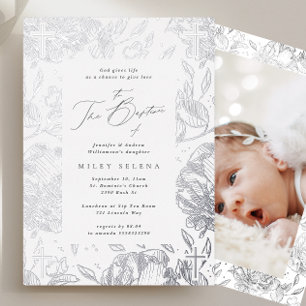 Invitation En Aluminium Photographie de baptême argenté floral calligraphi