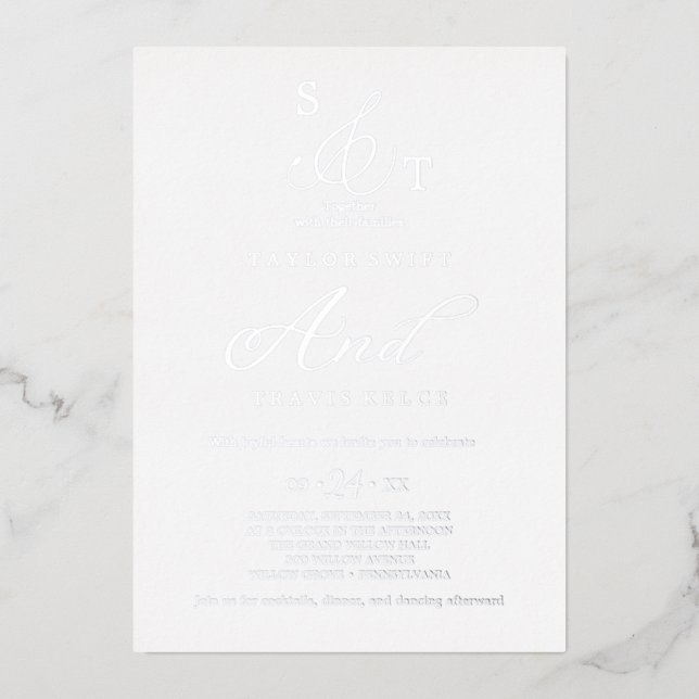 Invitation En Aluminium Pile argenté délicate | Mariage de monogramme offi (Recto)