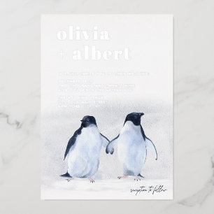 Invitation En Aluminium Pingouins Argent Hiver Élégant Mariage moderne