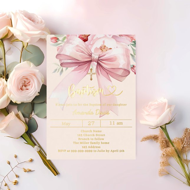 Invitation En Aluminium Pink bow cream florals girl Baptism gold (Créateur téléchargé)