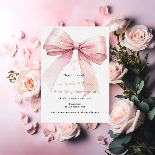 Invitation En Aluminium Pink bow crème fille or rose Première communion (Créateur téléchargé)