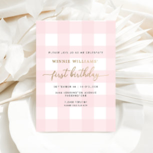 Invitation En Aluminium Pink En vichy premier anniversaire Gold Foil Invit