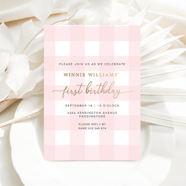 Invitation En Aluminium Pink En vichy premier anniversaire Gold Foil Invit (Créateur téléchargé)