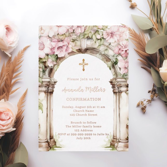 Invitation En Aluminium Pink florals arch beige rose gold Confirmation (Créateur téléchargé)