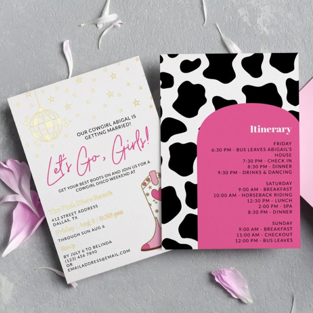 Invitation En Aluminium Pink Gold Cowgirl Disco Bachelorette Itinéraire (Créateur téléchargé)