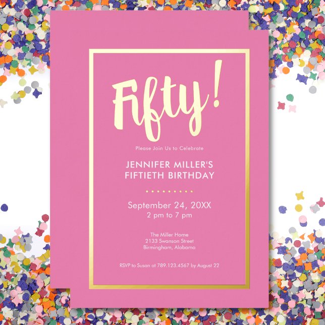 Invitation En Aluminium Pink & Gold Foil moderne 50e anniversaire (Modern Pink & Gold Foil 50th Birthday Foil Invitation)