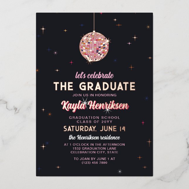 Invitation En Aluminium Pink Gold Retro Discoball Flares Graduation Party (Recto)