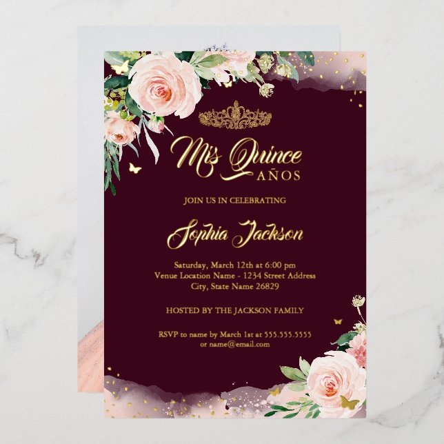 Invitation En Aluminium Pink Mis Quince Floral Photo Quinceanera Anniversa (Recto/Verso)