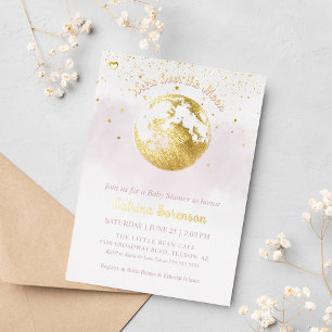 Invitation En Aluminium Pink Over the Moon Gold Celestial Girl Baby shower