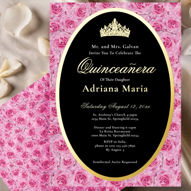 Invitation En Aluminium Pink Roses Elegant Gold Floral Quinceanera   (Créateur téléchargé)