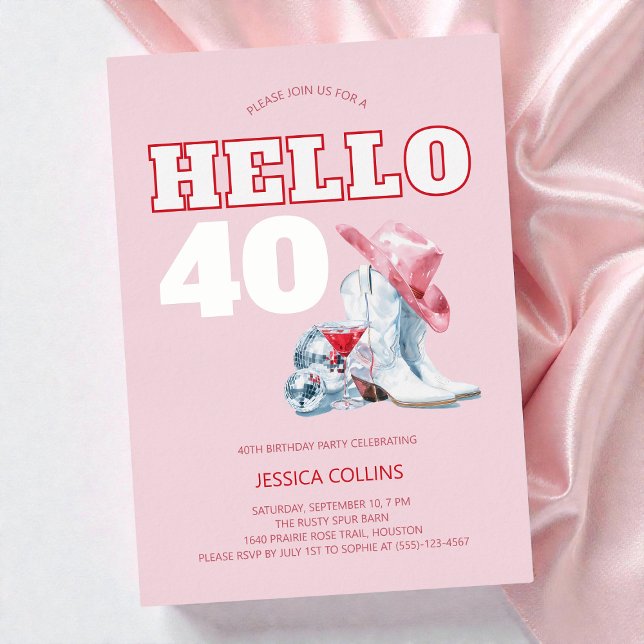 Invitation En Aluminium Pink Western Cowgirl Disco 40e fête d'anniversaire (Pink Western Cowgirl Disco 40th Birthday Party Foil Invitation)