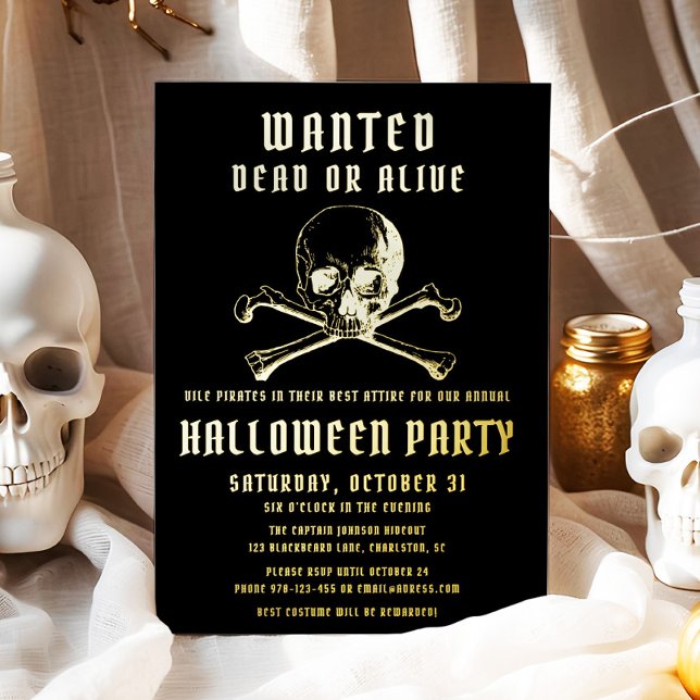 Invitation En Aluminium Pirate crâne et os Black Halloween Party Gold (Pirate Skull & Bones Black Halloween Party Gold Foil)