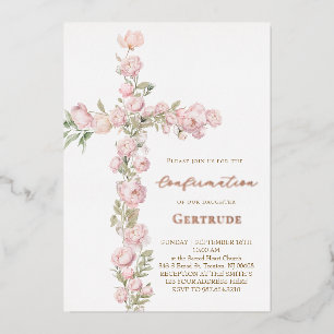 Invitation En Aluminium pivoines roses croix Confirmation
