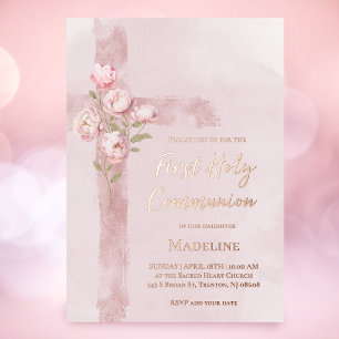 Invitation En Aluminium pivoines roses croix Première communion