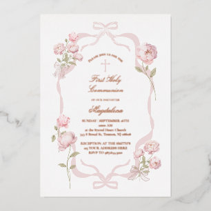 Invitation En Aluminium pivoines roses fille première communion