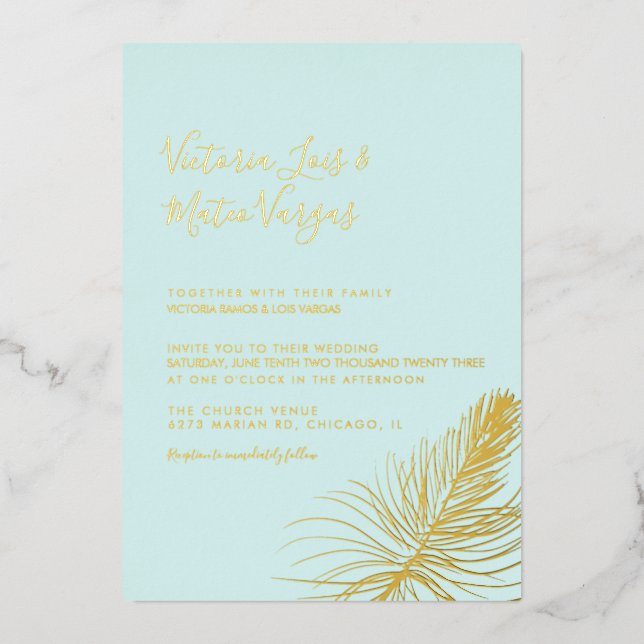 Invitation En Aluminium Plage de Mariage tropical simple à main tiré Palm  (Recto)