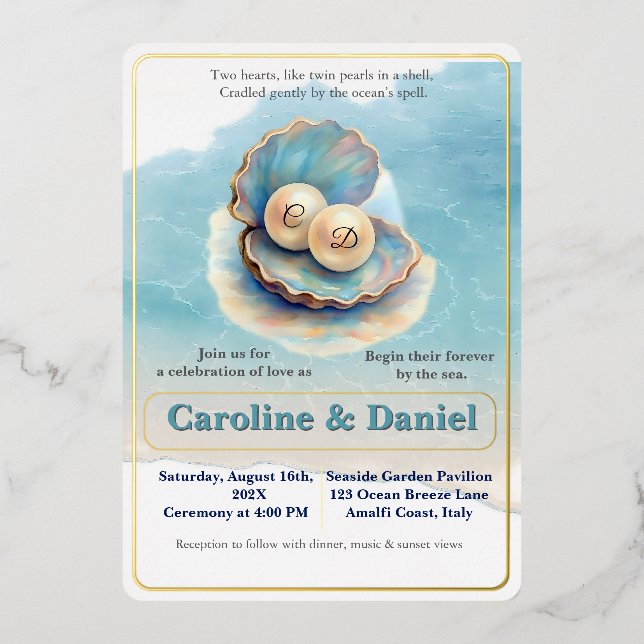 Invitation En Aluminium Plage Mariage Pearls Shell Elégant thème Océan (Recto)