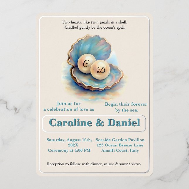 Invitation En Aluminium Plage Mariage Pearls Shell Elégant thème Océan (Recto)