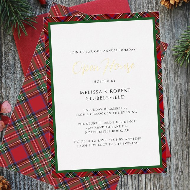 Invitation En Aluminium Plate Noël Open House Stewart Tartan Gold (Christmas Holiday Open House Script Plaid Stewart Tartan Gold Script Invitation)