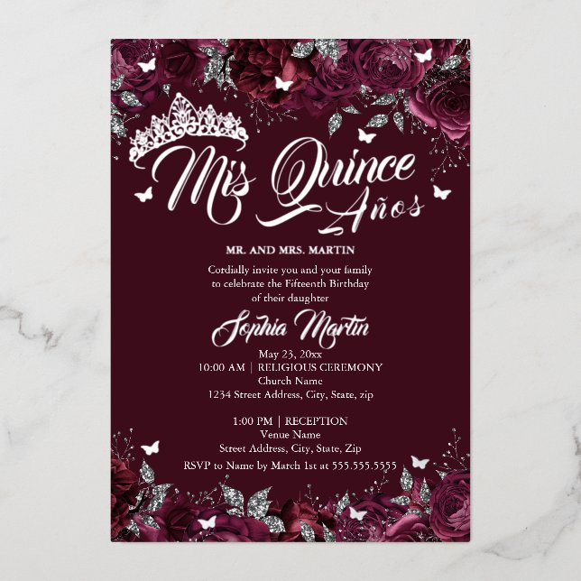 Invitation En Aluminium Plum Bourgogne Rose Mis Quince Quinceanera (Recto)