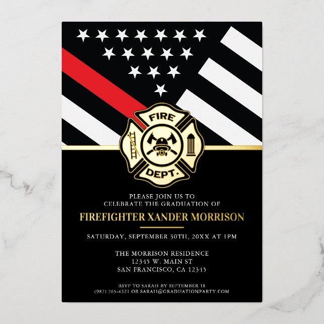 Invitation En Aluminium Pompier Red Line Drapeau Fireman Graduation (Recto)