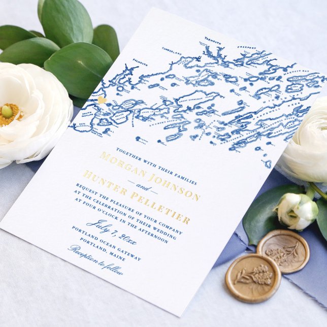 Invitation En Aluminium Portland Maine Mariage Elegant Marine et Or (Créateur téléchargé)