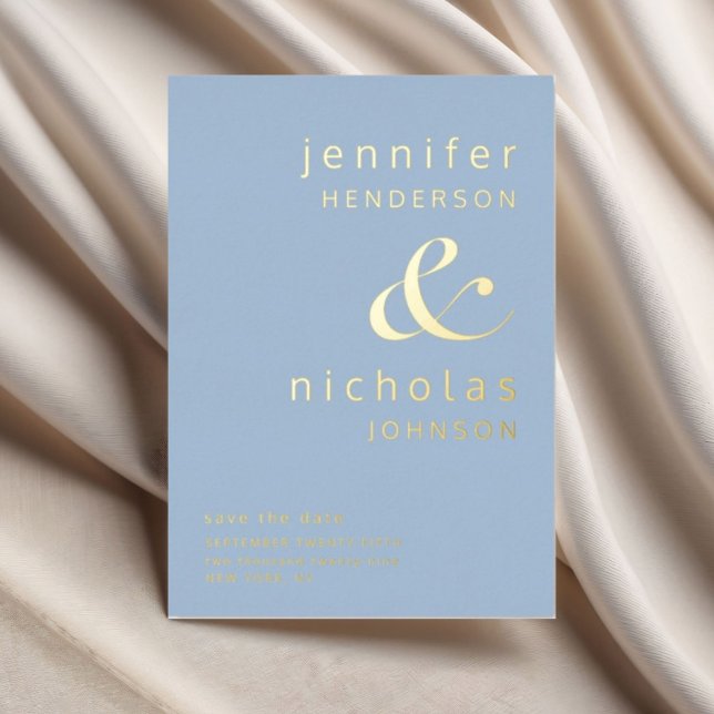 Invitation En Aluminium Poudre Bleu Or Ampersand Mariage Enregistrer La Da (Modern Powder Blue Wedding Save The Date Gold Foil Invitation)