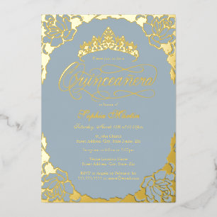 Invitation En Aluminium Poussière d'or Bleu Élégant Script Quinceanera 